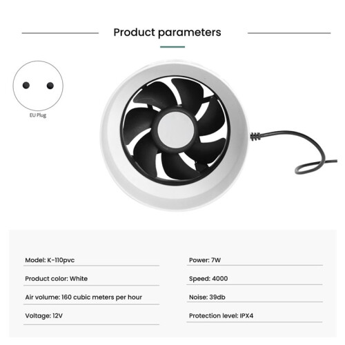 Rohrventilator 110 mm, Abluftventilator mit Filter, 7 W Leistung, Einstellbare Drehzahl, EU-Stecker 2