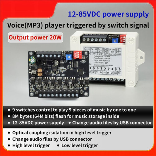 12-85V One-to-One Trigger Audio Player 9 Channels Segmented Announcement Voice Control Module 8MB Memory Low Level 2