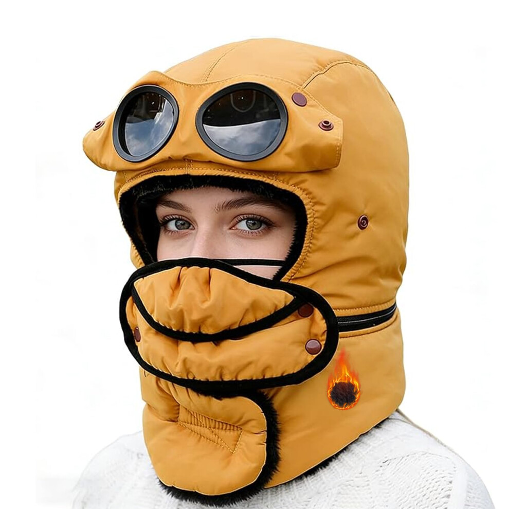 Winter Thermal Hat Balaclava With Goggles 4In1 Windproof Waterproof Fleece Face Cover With Removable Mask Yellow 9330225282365
