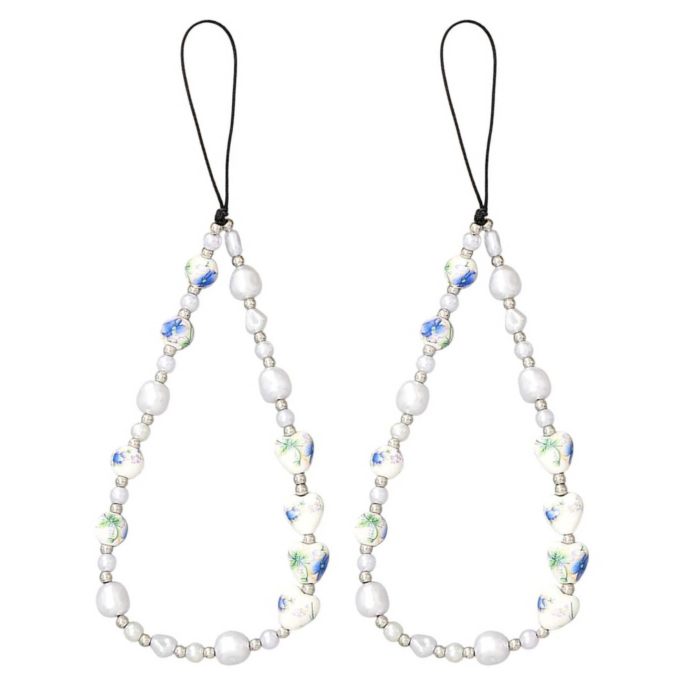 2Pcs Cute Flower Beaded Phone Charm Strap, Pearl Short Chain For Camera Bag Purse Usb Drive 9330225282495