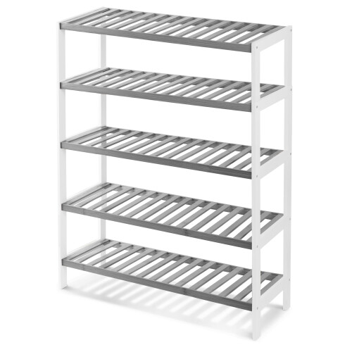 KEPLIN 5 Tier Natural Bamboo Shoe Rack Easy Assembly, Grey and White