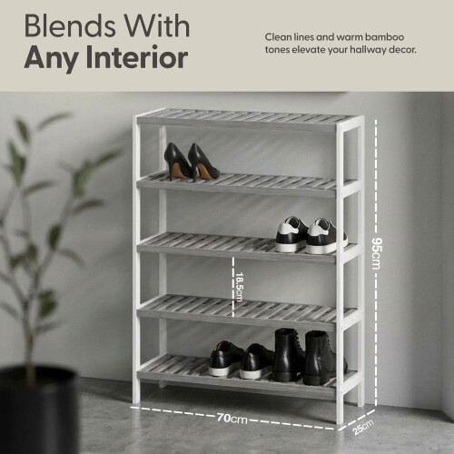 KEPLIN 5 Tier Natural Bamboo Shoe Rack Easy Assembly, Grey and White 1