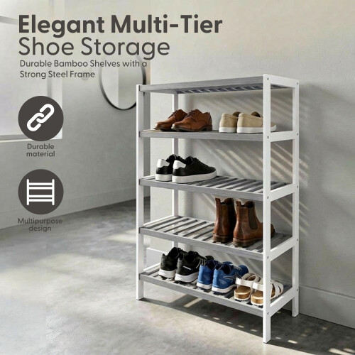 KEPLIN 5 Tier Natural Bamboo Shoe Rack Easy Assembly, Grey and White 2