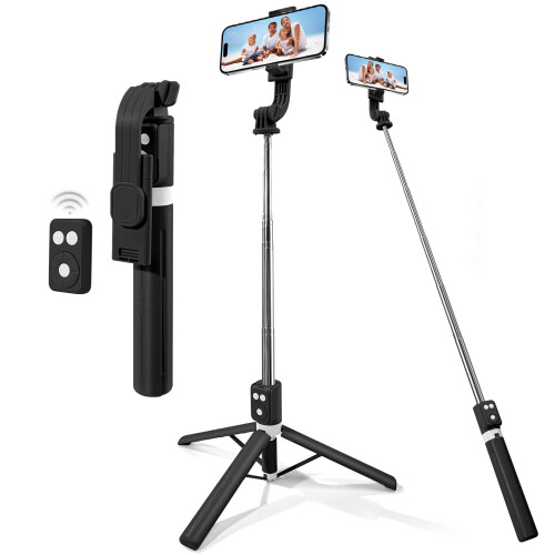 Bluetooth Selfie Stick Tripod with Wireless Remote, Extendable Adjustable Stand for iPhone and Android Smartphones Black