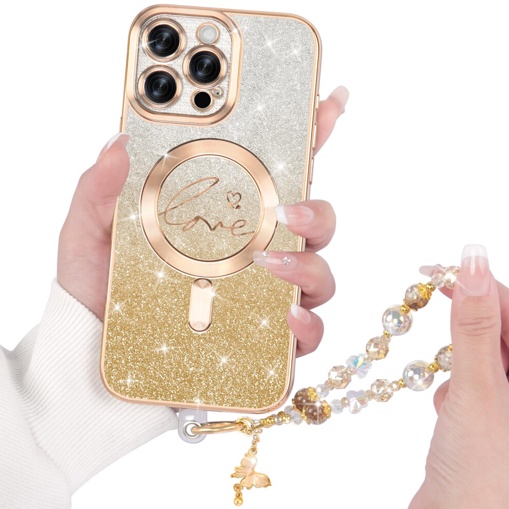 Glitter Case With Detachable Wrist Strap, Shockproof Clear Luxury Cover For Iphone 15 Pro Max Magsafe Gold 9330225282853