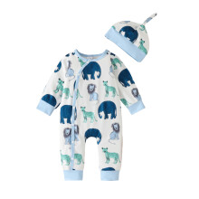 (9-12 Months, Blue) Combinaison et chapeau bébé garçon, manches longues, col rond, imprimé animal, barboteuse nouveau-né.