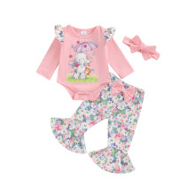 (3-6 Months, Pink) Komplet dla dziewczynki, 3 szt., z długim rękawem, nadrukiem słonia, kombinezonem, kwiatowymi spodniami i opaską.