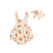 (0-6 Months, Beige) Combinaison d'été pour bébé fille, imprimé pêche, sans manches, col carré, volants et bandeau.