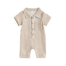 (0-3M, Yellow) Gestreept rompertje voor babyjongens met zakken en reverskraag, korte mouwen en knopen.