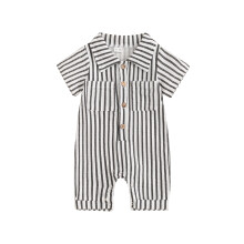 (3-6 Months, Black) Gestreept rompertje voor babyjongens met zakken en reverskraag, korte mouwen en knopen.