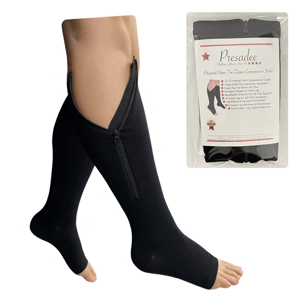 Black Open Toe Zipper Compression Socks 2030 Mmhg Graduated Support For Circulation Travel S/M