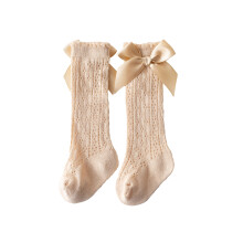 (0-12 Months, Khaki) Calcetines hasta la rodilla para niñas, transpirables, de malla, con lazos, para recién nacidas.