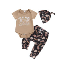 (6-12 Months, Khaki) Ensemble bébé garçon 3 pièces : tenue western, barboteuse imprimée, pantalon bottes et chapeau.