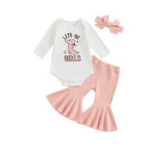 (0-3 Months, Pink) Ensemble 3 pièces pour bébé fille : barboteuse lettres, pantalon évasé côtelé et bandeau.