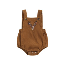(6-9 Months, Khaki) Salopette d'été bébé, broderie tête de cerf, sans manches, col carré, velours côtelé, pour garçons et filles
