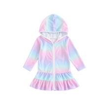 (5-6 Years, Multicolor) Robe de plage pour filles, imprimé arc-en-ciel, zip, manches longues, capuche, protection anti-UV.