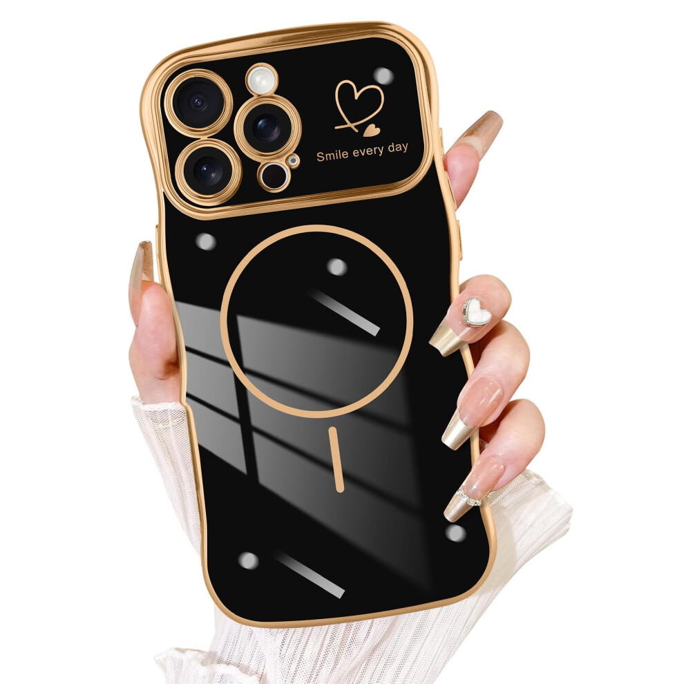 Magsafe Shockproof Case For Iphone 16 Pro With Raised Camera Protection, Electroplated Love Heart Glitter Design For Women Girls Black 9330225284819