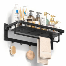 23 Inch Matte Black Bathroom Wall Shelf with Foldable Towel Bar and Hooks, Rust Proof Aluminum Organizer