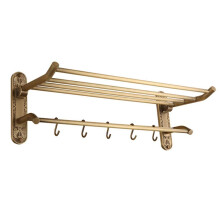 Antique Brass Bathroom Shelf with Hooks, Foldable Wall Mounted Towel Rack for Retro Bathroom Storage