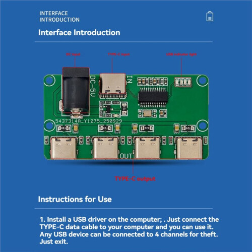 USB2.0 HUB Module 1-to-4 Hub Module 480Mbps Type-C Input Type-C Output with LED Indicator for Keyboard Mouse 1