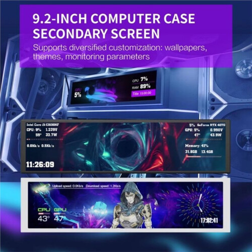 D92 Computerbehuizing Sub-Screen 9,2-Inch Lange Strip Scherm CPU-Temperatuurmonitor Prestatiebewaking DIY Zwart 2