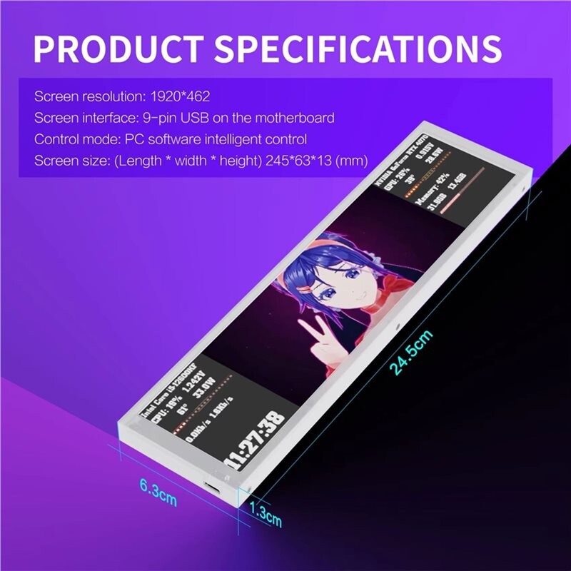 Computer Processor Temperature Sensor D92 Computer Case Sub-Screen 9.2-Inch Long Strip Screen CPU Temperature ...