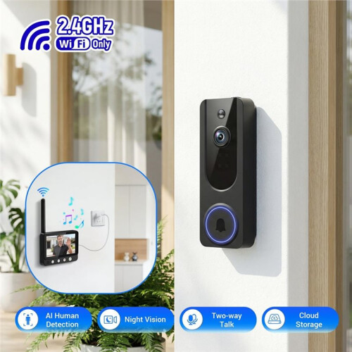 Wireless Doorbell Camera Video Intercom System with 4.5" Screen, 655ft Range, 2-Way Talk, Night Vision, Cloud. 2