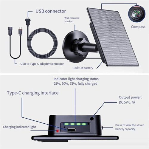 2-in-1 USB + Type-C Outdoor Solar Panel Charger, Suitable for Security Cameras/Small Home Lighting Systems. 2