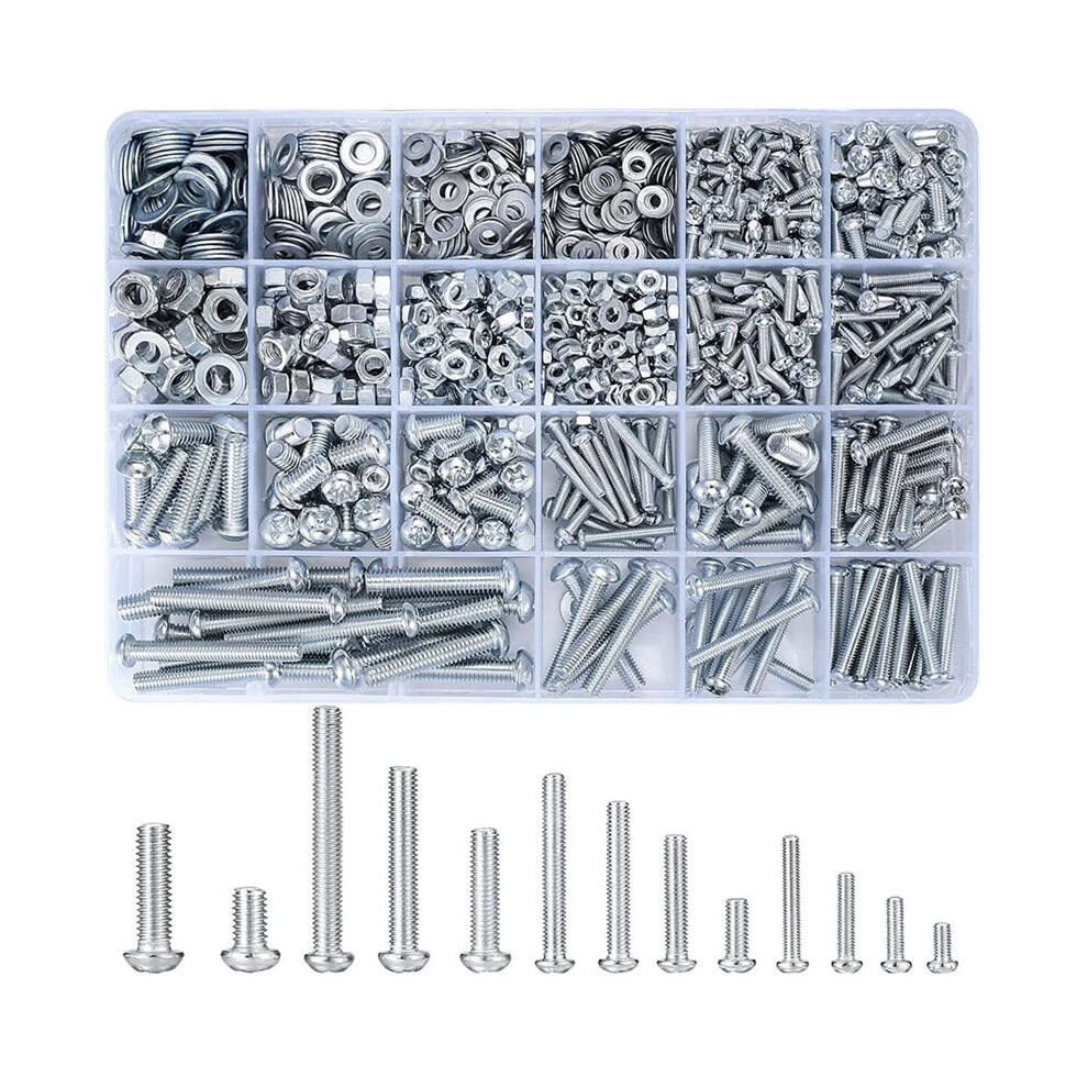 1080 Pcs Screws Bolts And Nuts Assortment Kit, Metric Machine Screws And Nuts And Flat Washers, Round Bolts Sets 4714166304181