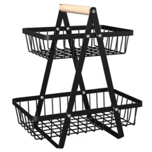 2-Tier Fruit Basket with Wooden Handle, Ventilated Design for Freshness, Ideal for Kitchen and Home