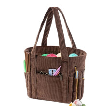 Corduroy Crochet Storage Bag for Yarn and Knitting Supplies with Multiple Pockets and Smooth Yarn Feed