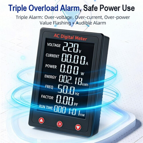 Peacefair High-Precision AC Digital Display Meter 80-260V/100A Voltage Current and Power Meter Overload Alarm Closure 1