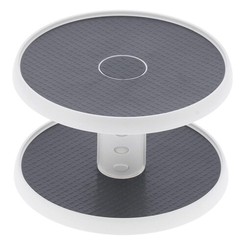 2 Tier Turntable Rack Organizer,Adjustable Rotating Holder Shelf,Gray White-Durable Plastic,Space Saving Kitchen Storage
