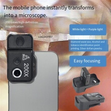 Objectif de Microscope pour Téléphone Portable 200x, Lampe LED/UV Intégrée, Filtre CPL, avec Clip Universel pour Téléphone Portable.