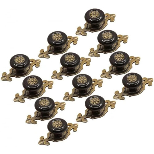 Vintage Black Ceramic Cabinet Knobs with Bronze Backplate, Durable Drawer Pulls Set of 12