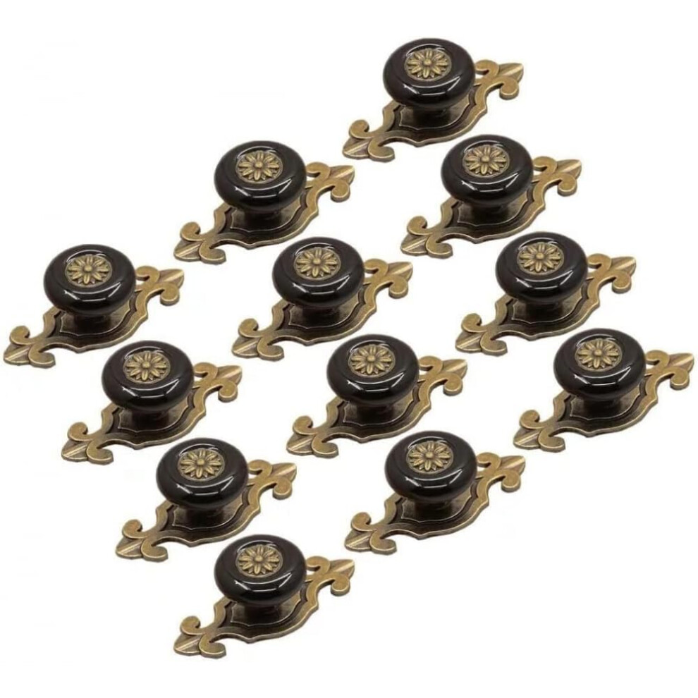 Vintage Black Ceramic Cabinet Knobs With Bronze Backplate, Durable Drawer Pulls Set Of 12 9771547815174