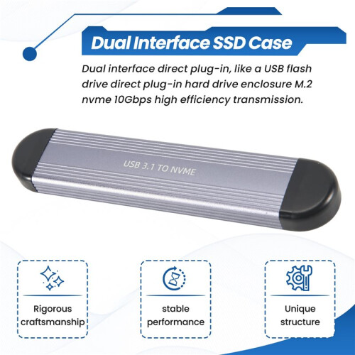 M.2 SSD Case M.2 to USB 3.1 Gen 2 10Gbps NVME SSD Case Dual Interface Inline SSD Case Supports NVME Protocol 2