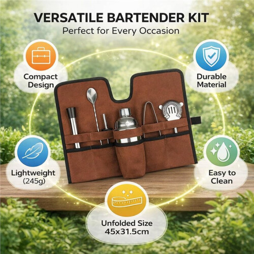 Canvas Cocktail Set Carry Bag, Portable Folding Roll Strap, Brown - Durable Bartender Kit,  Design