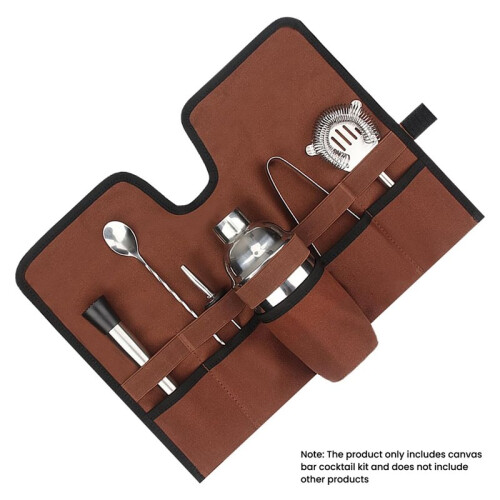 Canvas Cocktail Set Carry Bag, Portable Folding Roll Strap, Brown - Durable Bartender Kit,  Design 2