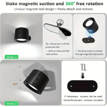 Double  Magnetic LED Wall Lamp Rechargeable 360 Rotation Wireless Remote Control Spotlight for Bedroom Decor B