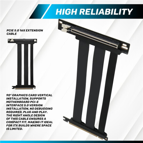 PCI-E 5.0 X16 Riser Cable Video Card Extension Shielded Flexible 90 Mounting GPU Extension Cord for PC Computer Black