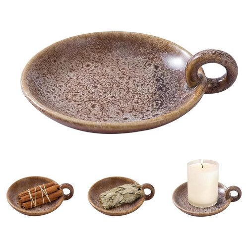 Ceramic Candle Holder with Handle, Decorative Tray for Home & Meditation Room 2