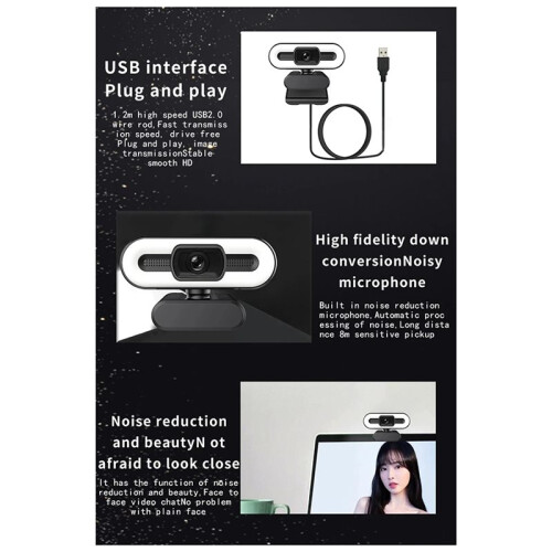 Webcam Portatile Full HD per PC e Laptop con Autofocus, Microfono e Luce di Riempimento, Ideale per Streaming Live e Riunioni. Risoluzione 4K.