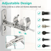 4PC Silver Curtain Rod Bracket, Adjustable Curtain Rods Holders Heavy Duty Ceiling Wall Mount Curtain Rod Hooks Hangers