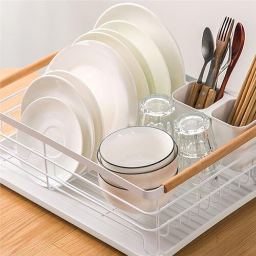 Dish Drying Rack with Wooden Handle,Multifunctional Kitchen Tabletop Drainer - Rust, Space Saving Organizer 1
