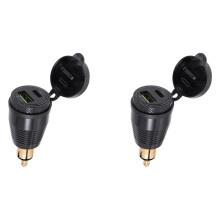 2X Motorcycle DIN Plug Waterproof Charger to QC3.0 USB Charger & Type C 30W Power Delivery Adapter Socket
