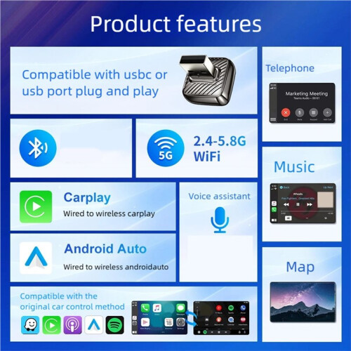2 in 1 Wireless CarPlay Adapter&Android Auto Wireless Adapter, 5Ghz WiFi Type-C/USB Plug  Dongle CarPlay Wireless 2