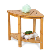 Bamboo Shower Bench with Shelf, Corner Shower Stool for Inside Shower, Natural Bamboo Finish