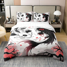 Japanese Bedding Set King Size Duvet Cover with Koi Fish and Cherry Blossom Ukiyoe Design 100% Cotton