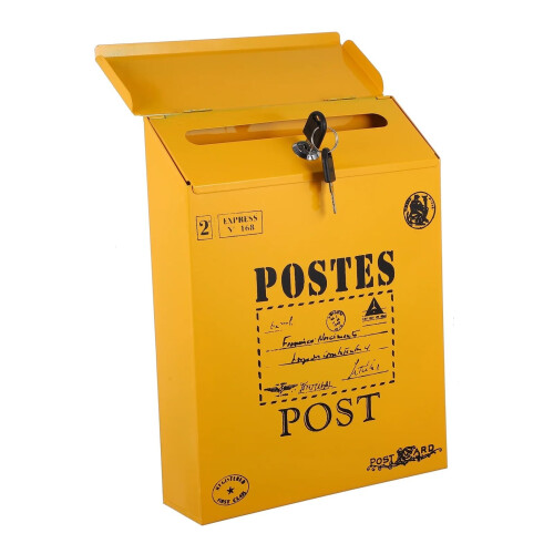 Wall Mounted Mailbox with Secure Lock, Retro Vintage Design, Yellow Decorative Mail Box for Home